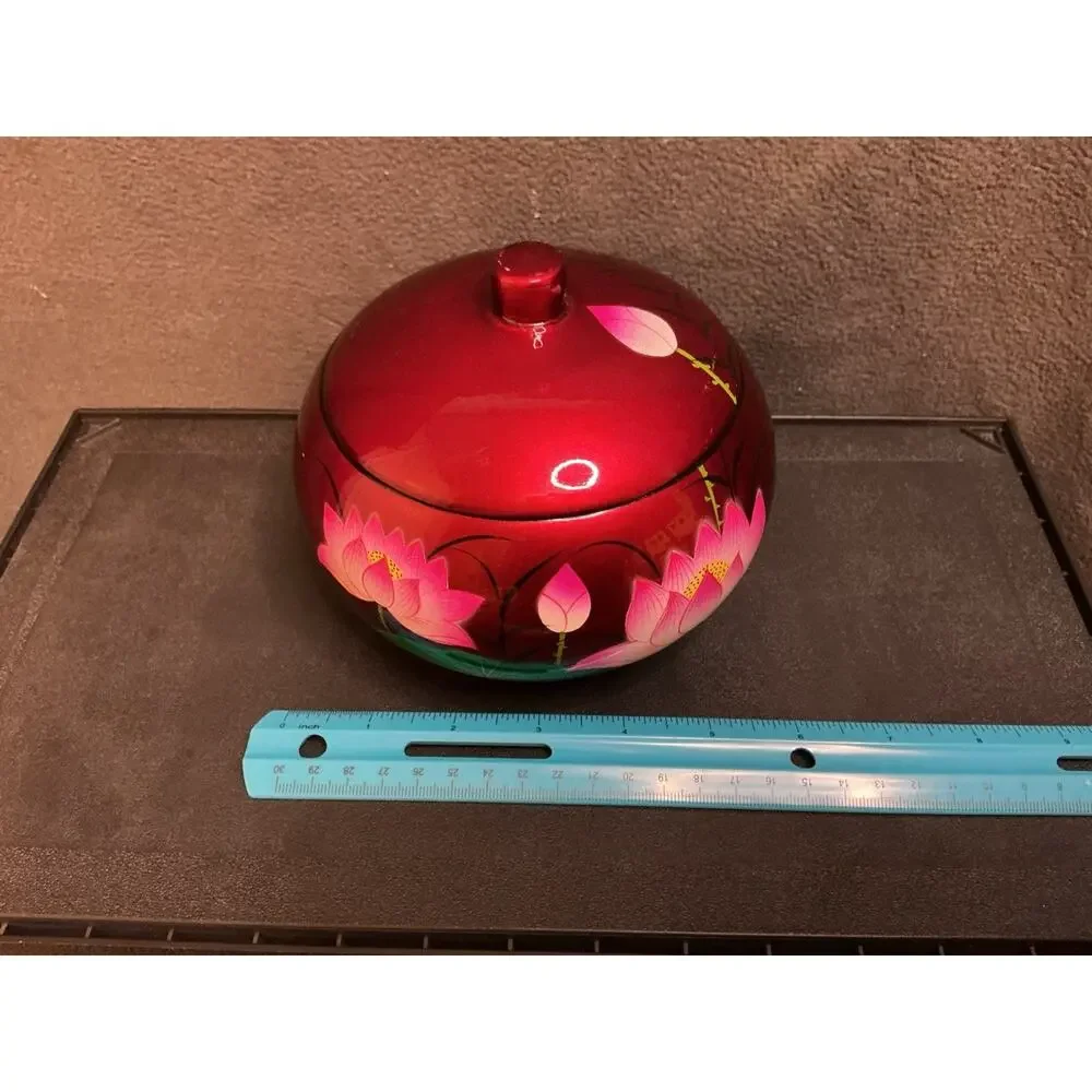 Vietnamese Lacquerware Lidded Bowl With Beautiful Lotus Flower